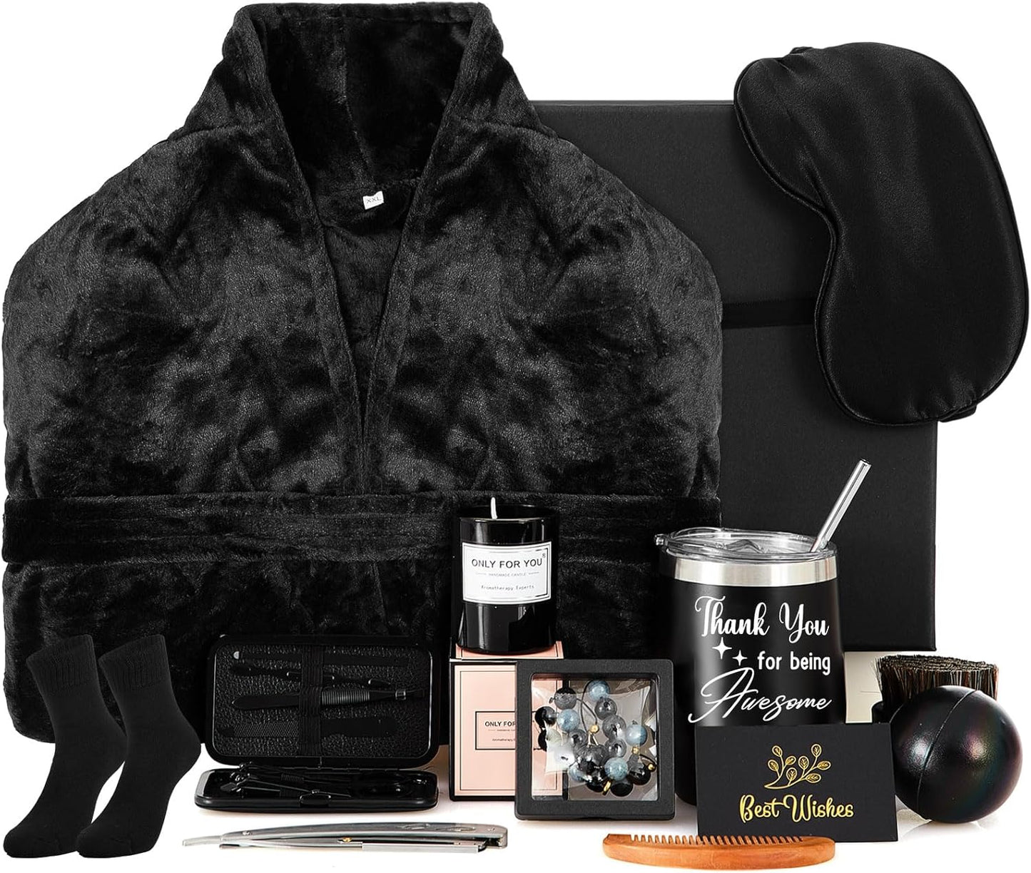 15 Pcs Birthday Gifts for Men Beard Care Set for Him Valentine'S Day Gifts Basket Ideas Kit for Men Tumbler Bath Robe for Dad Husband Boyfriend Box(Black)