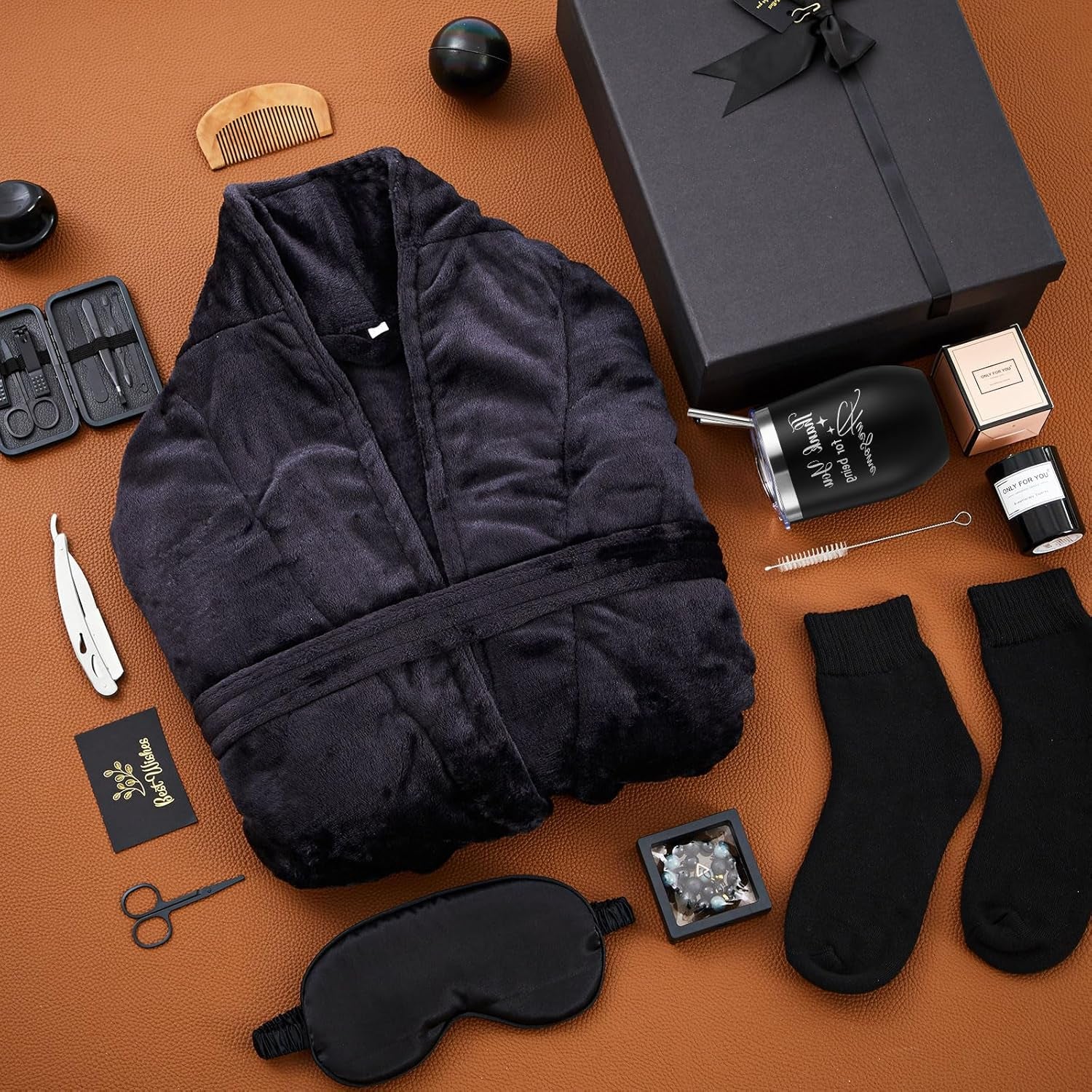 15 Pcs Birthday Gifts for Men Beard Care Set for Him Valentine'S Day Gifts Basket Ideas Kit for Men Tumbler Bath Robe for Dad Husband Boyfriend Box(Black)