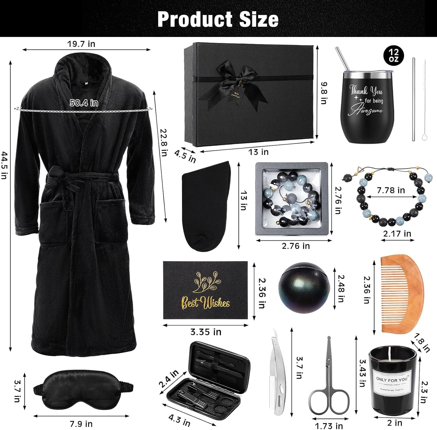 15 Pcs Birthday Gifts for Men Beard Care Set for Him Valentine'S Day Gifts Basket Ideas Kit for Men Tumbler Bath Robe for Dad Husband Boyfriend Box(Black)